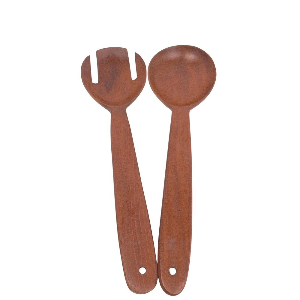 Vintage Handcrafted Wooden Salad Server Set Brown Spoon and Fork Utensils